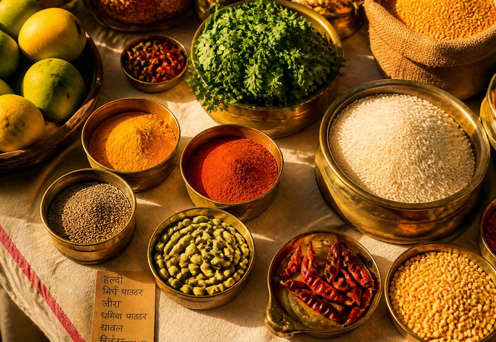 Brass bowls of turmeric, chilli powder, cumin, cardamom and basmati rice on a linen cloth